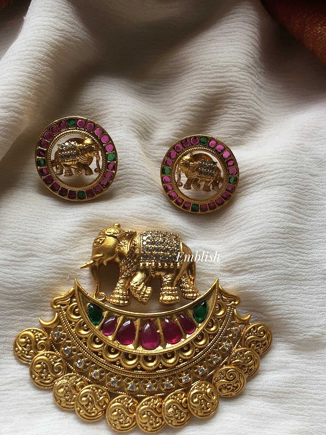 Gold alike haathi  Ad stones pendant set 